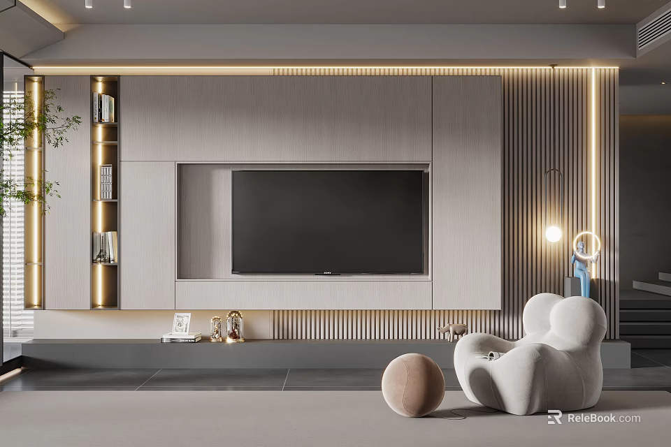 Modern TV Wall Design With Wooden Panels Built in TV LED Lighting And Storage Cabinets 3d model 