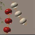 Red And White Hanging Lanterns With Bamboo Leaves And Warm Light Glow