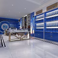 Bright Modern Retail Store Interior With Blue Shelves And Bottled Products Display Cabinets