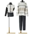 Model Wearing Black And White Top Black Skirt Plaid Cardigan And Black Pants Outfit