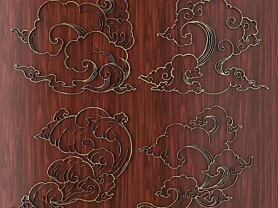 Traditional Wooden Carvings with Golden Cloud Patterns on Brown Wood Surface 3d model