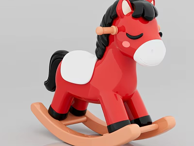 Red Rocking Horse With Black Mane Tail And White Belly On Wooden Rockers 3d model