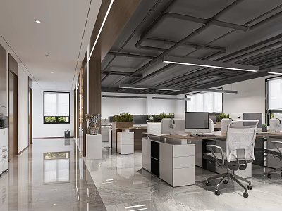 Modern Public Office Interior With Work Desks Ergonomic Chairs Computers Ceiling Lighting And Marble Floors 3d model