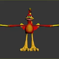 Cartoon Bird Character With Red and Yellow Feathers Spread Wings Green Eyes and Yellow Legs