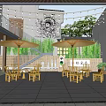 Scenic Feature Wall In Outdoor Courtyard With Green Plants Wooden Chairs And Umbrellas