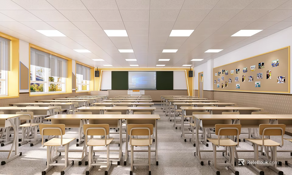 Modern School Classroom Interior With Desks Blackboard Windows And Photo Wall 3d model 