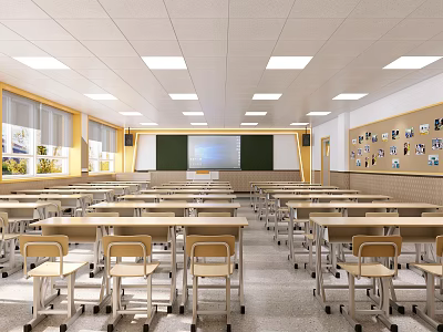 Modern School Classroom Interior With Desks Blackboard Windows And Photo Wall 3d model