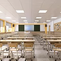 Modern School Classroom Interior With Desks Blackboard Windows And Photo Wall