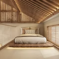 Hotel Guest Room Interior With Wooden Ceiling Pendant Lamp Tatami Bed And Staircase