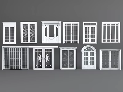 White Exterior Doors With Various Styles Featuring Window Panes And Decorative Details 3d model