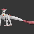 White Fantasy Creature With Pink Horns Tail Red Decorations Standing On Shiny Surface