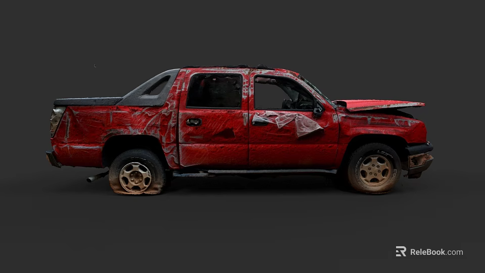 Red Worn Out Pickup Truck With Damaged Body And Rusty Wheels 3d model 