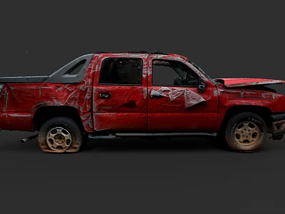 Red Worn Out Pickup Truck With Damaged Body And Rusty Wheels 3d model