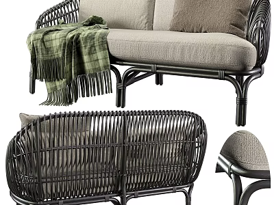 Modern Wicker Sofa With Linen Cushions Plaid Throw Blanket Intricate Design Shown In Multiple Angles 3d model