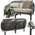 Modern Wicker Sofa With Linen Cushions Plaid Throw Blanket Intricate Design Shown In Multiple Angles
