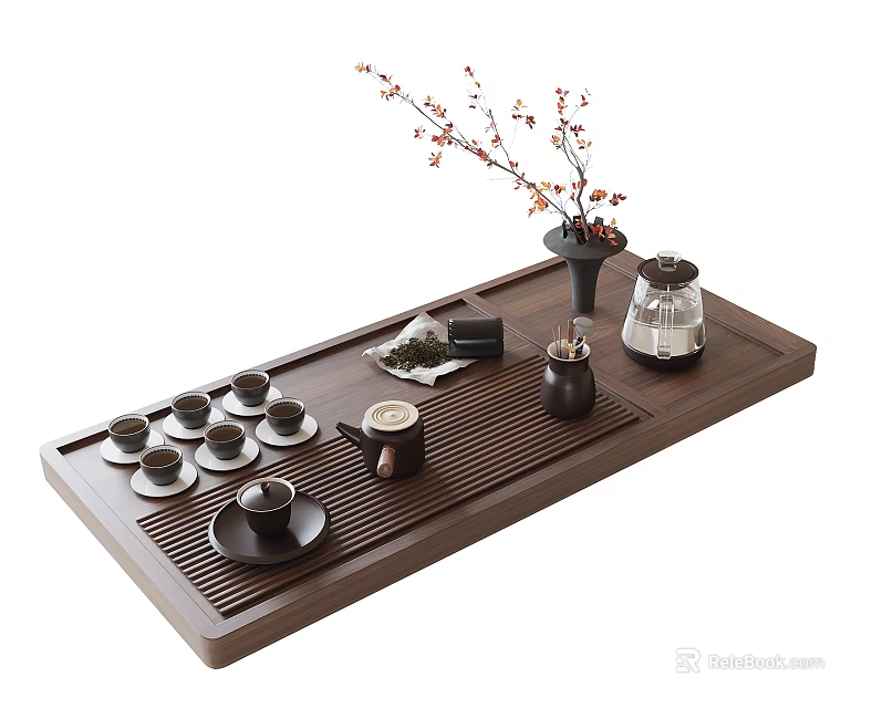 Traditional Tea Set With Multiple Teacups Teapot And Floral Branch On Wooden Tray 3d model 