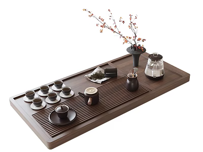 Traditional Tea Set With Multiple Teacups Teapot And Floral Branch On Wooden Tray 3d model