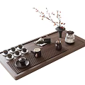 Traditional Tea Set With Multiple Teacups Teapot And Floral Branch On Wooden Tray