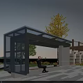 Modern Pergola With Glass Roof Bench Seating And Green Trees In Outdoor Park