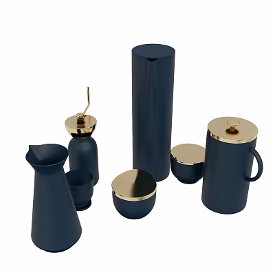 Modern Minimalist Navy Blue Drinkware Set With Gold Lids And Matching Cups 3d model