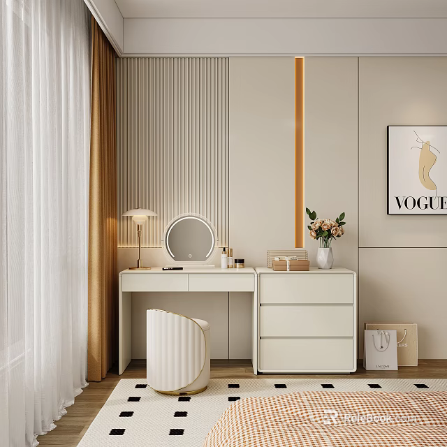 Elegant Decorative Cabinet with Mirror Table Lamp Flower Vase and VOGUE Poster in Modern Room 3d model 