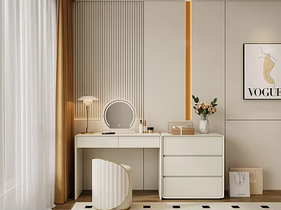 Elegant Decorative Cabinet with Mirror Table Lamp Flower Vase and VOGUE Poster in Modern Room 3d model