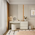 Elegant Decorative Cabinet with Mirror Table Lamp Flower Vase and VOGUE Poster in Modern Room