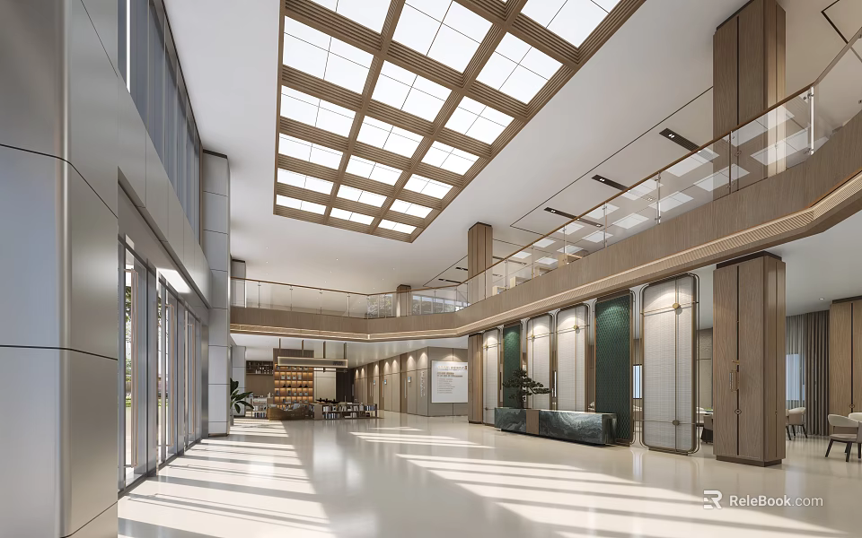 Spacious Modern Hotel Public Lounge With High Ceiling Glass Skylight Wooden Elements And Marble Floor 3d model 