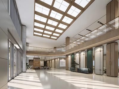 Spacious Modern Hotel Public Lounge With High Ceiling Glass Skylight Wooden Elements And Marble Floor 3d model
