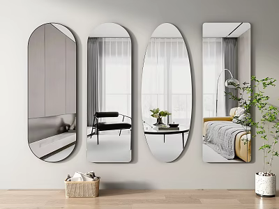 Stylish Wall Mounted Mirrors with Different Shapes Reflecting Living Room Bedroom Furniture and Plants 3d model
