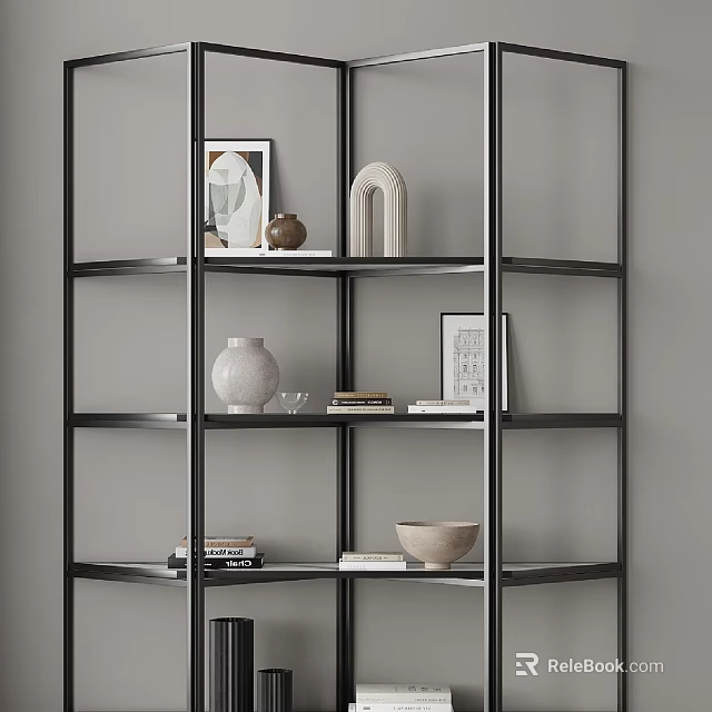 Modern Black Frame Shelving Unit With Vase Books Decorative Items And Framed Art 3d model 