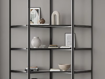 Modern Black Frame Shelving Unit With Vase Books Decorative Items And Framed Art 3d model
