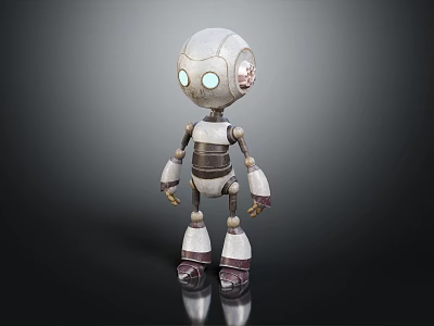 White Robot With Blue Glowing Eyes And Metallic Joints Standing In Dark Background 3d model