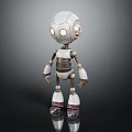White Robot With Blue Glowing Eyes And Metallic Joints Standing In Dark Background