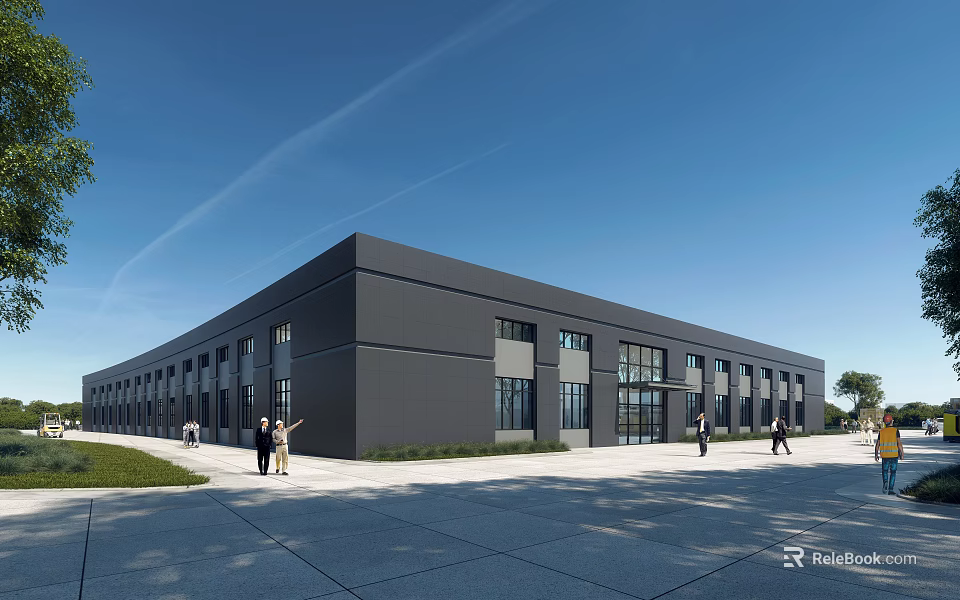Modern Industrial Warehouse with Gray Exterior Large Glass Windows and People Walking Near Grass Area 3d model 