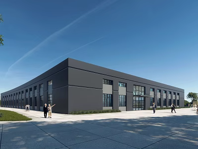 Modern Industrial Warehouse with Gray Exterior Large Glass Windows and People Walking Near Grass Area 3d model