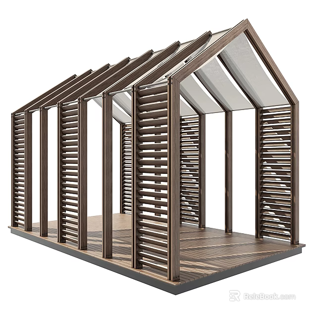 Modern Outdoor Wooden Pergola With Louvered Sides Sloped Roof And Wooden Floor 3d model 