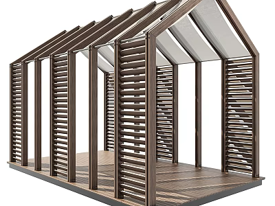 Modern Outdoor Wooden Pergola With Louvered Sides Sloped Roof And Wooden Floor 3d model