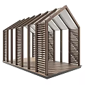 Modern Outdoor Wooden Pergola With Louvered Sides Sloped Roof And Wooden Floor