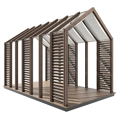 Modern Outdoor Wooden Pergola With Louvered Sides Sloped Roof And Wooden Floor 3d model