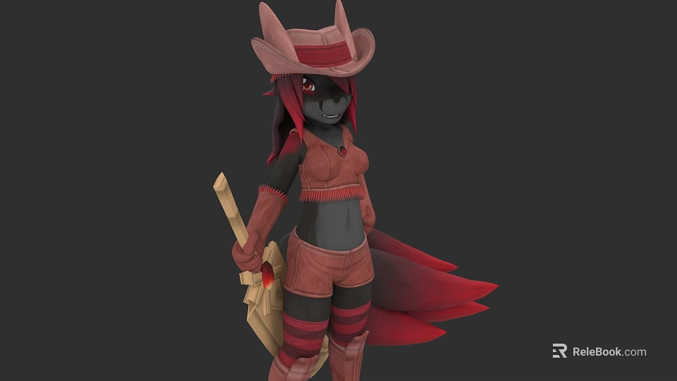 Fantasy Woman in Red Outfit Cowboy Hat Black Skin Red Tail Holding Staff Weapon 3d model 