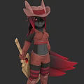 Fantasy Woman in Red Outfit Cowboy Hat Black Skin Red Tail Holding Staff Weapon