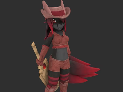 Fantasy Woman in Red Outfit Cowboy Hat Black Skin Red Tail Holding Staff Weapon 3d model