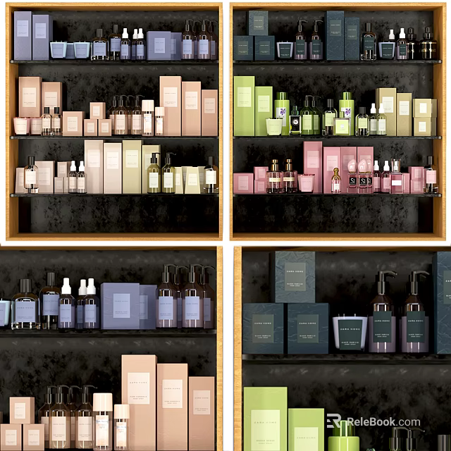 Colorful Multi layered Bathroom Cabinet Shelf With Cosmetic Bottles And Storage Boxes 3d model 