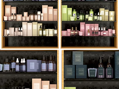 Colorful Multi layered Bathroom Cabinet Shelf With Cosmetic Bottles And Storage Boxes 3d model