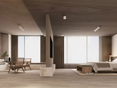 Modern Hotel Room With Wooden Elements Large Windows And Cozy Seating Area 3d model