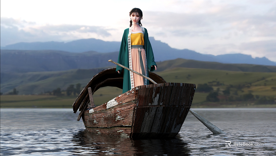 Worn out Wooden Boat with Woman in Traditional Outfit Holding Paddle on Lake Mountain Scenery 3d model 