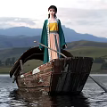 Worn out Wooden Boat with Woman in Traditional Outfit Holding Paddle on Lake Mountain Scenery