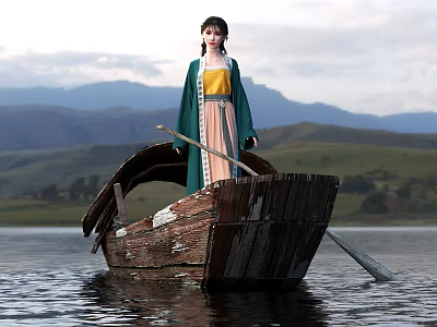 Worn out Wooden Boat with Woman in Traditional Outfit Holding Paddle on Lake Mountain Scenery 3d model