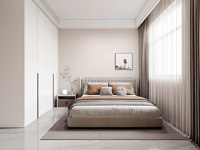 Modern Bedroom Interior Design With White Wardrobes Grey Headboard Brown Grey Pillows Curtains And Rug 3d model